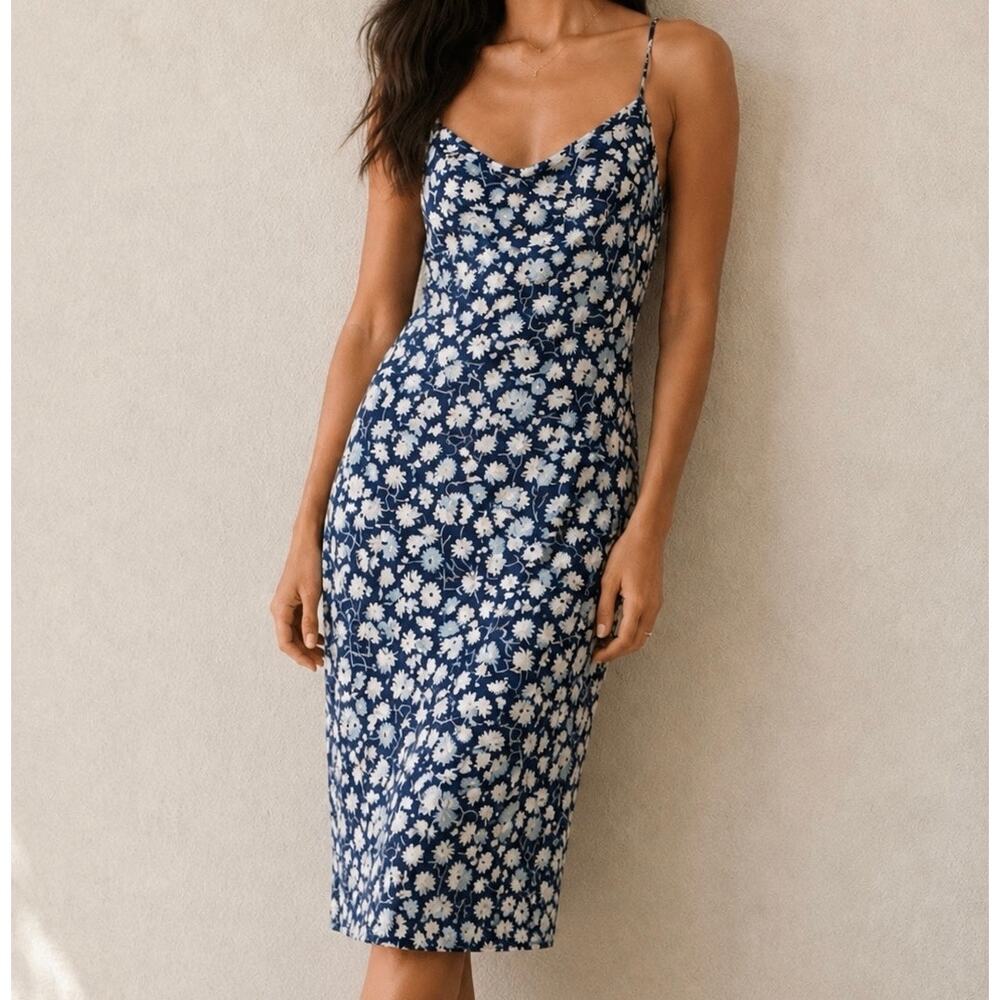 MADEWELL | Daisy Floral Spaghetti Strap Slip Midi Dress Navy Blue Ditsy | 14